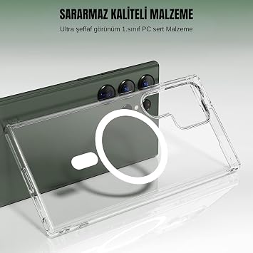 Ehr. Samsung Galaxy S24 Ultra Uyumlu Kamera Korumalı Magsafe Wireless Şarj Özellikli Sert Sararmaz Kristal Şeffaf Kılıf (Şeffaf, Samsung Galaxy S24 Ultra)