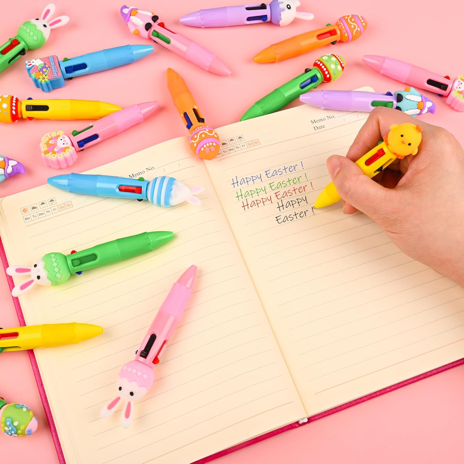LiYiQ 100 Pcs Easter Colorful Multicolor Pen in One Cartoon Cute Fun 4-in-1 Cute Pens Bulk Kawaii Easter Eggs Rabbit Chicken Rainbows Gnome Shape Cute Ballpoint Pens for Fun Gifts