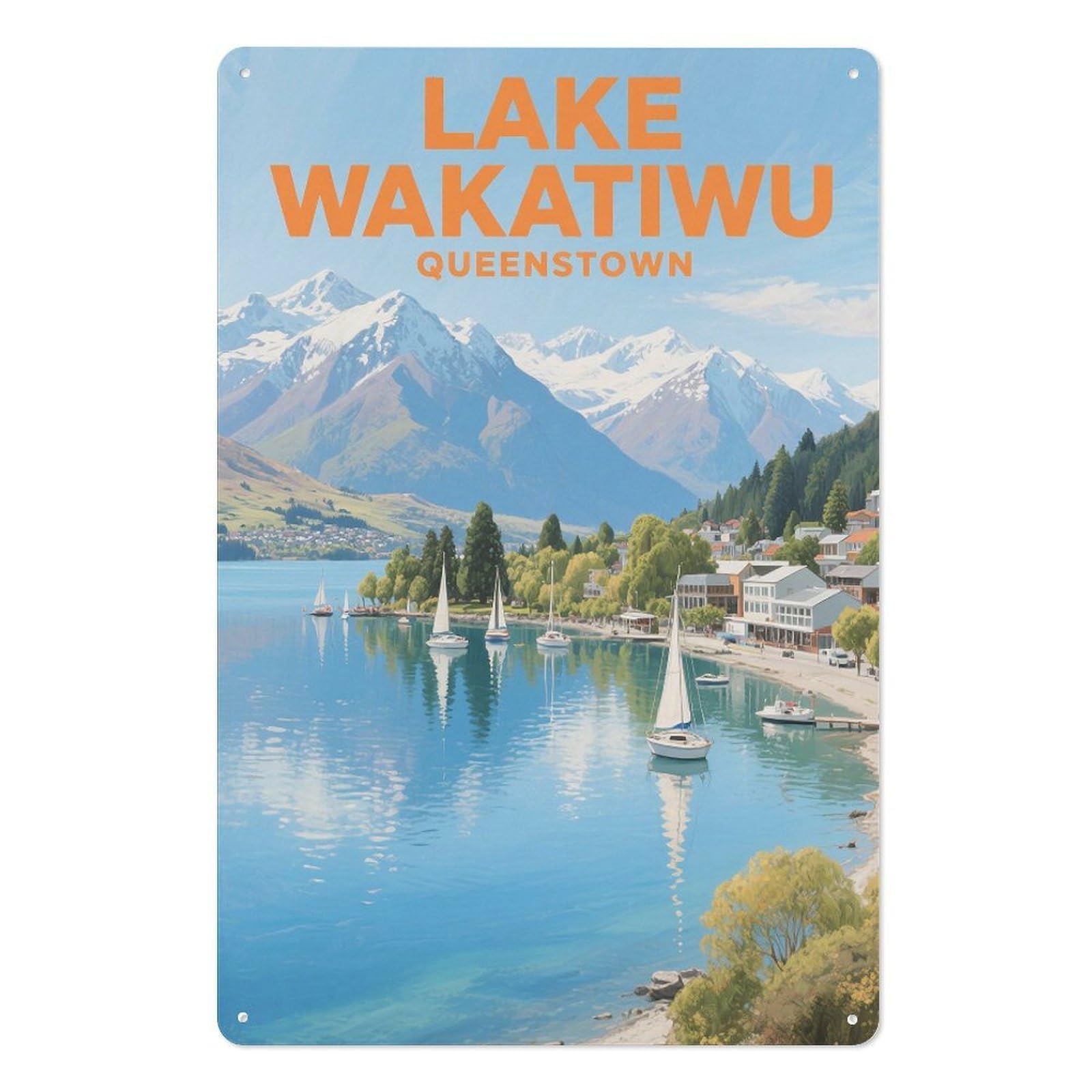 Lake Wakatipu Retro Design Tin Paintings Vintage Tin Sign 08x12inch(20x30cm) Wall Art for Home Office Bedroom Living Room Cafes Wall Decor