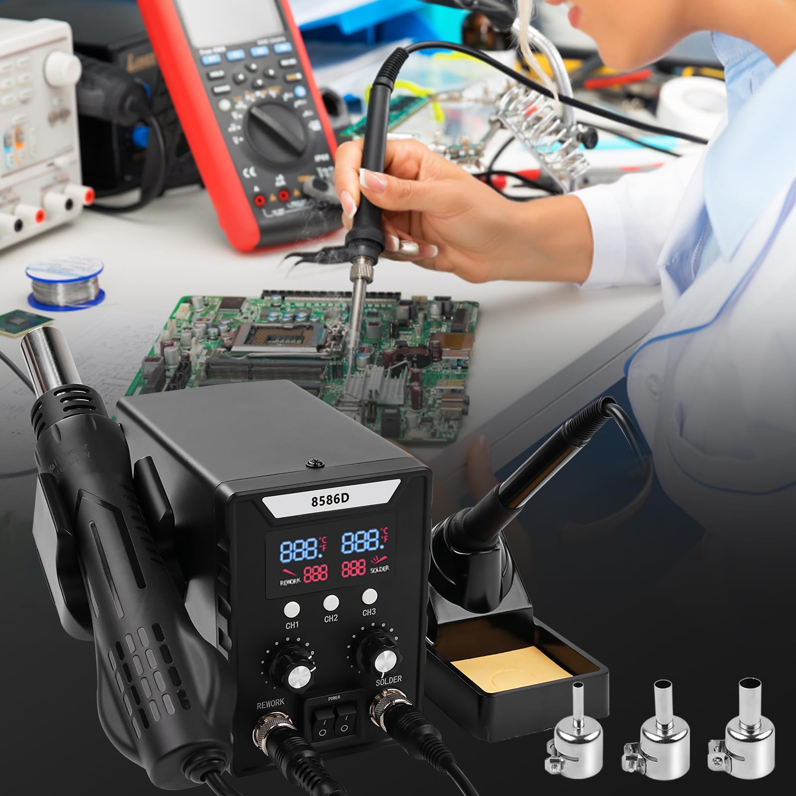 Profi Lötstation, 2 in 1 Heißluft Lötstation Lötkolben Set 8586D, Einstellbare Temperatur 180℃-500℃ mit 3 Luftdüsen für Elektrische Arbeiten Elektronische Reparatur