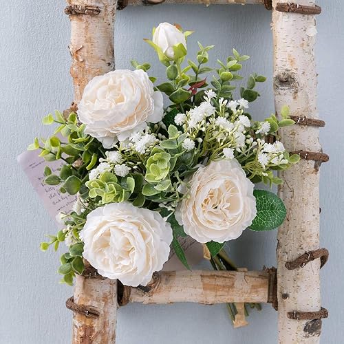 Miniatura 4 de KIRIFLY Flores artificiales falsas en jarrón, centros de mesa de flores de seda sintética para decoración del hogar de boda (Peony Babysbreath)