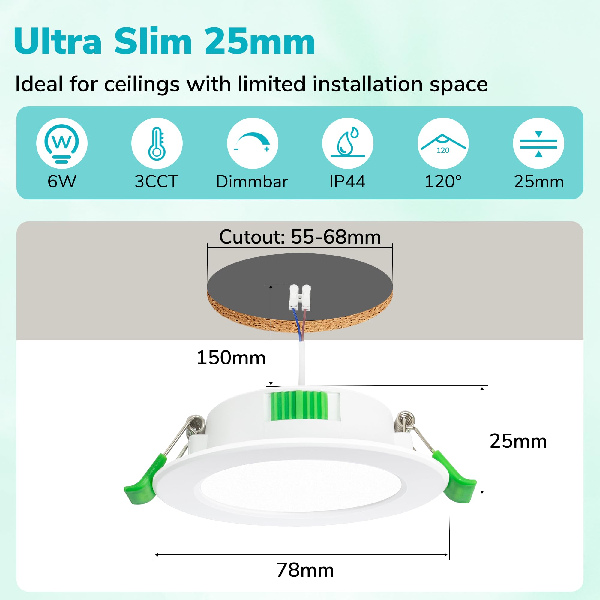Pack de 10 Focos LED Empotrables Extra Planos 25 mm, 6W Regulables 0-100% con Regulador Externo, 2700K/4000K/6000K, IP44 Downlight LED Baño, CRI90, Corte Ø55-68 mm, 230V, Blanco