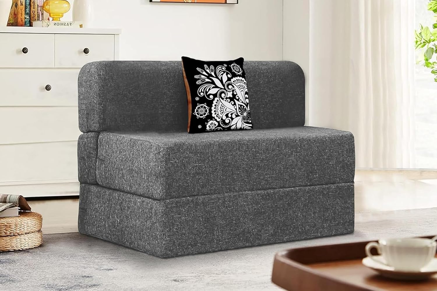 Rosebell 1-Seater Sofa Cum Bed with One Printed Cushion – Space-Saving Convertible Sofa for Living Room & Office, Guest Room - Grey Color-picture-16
