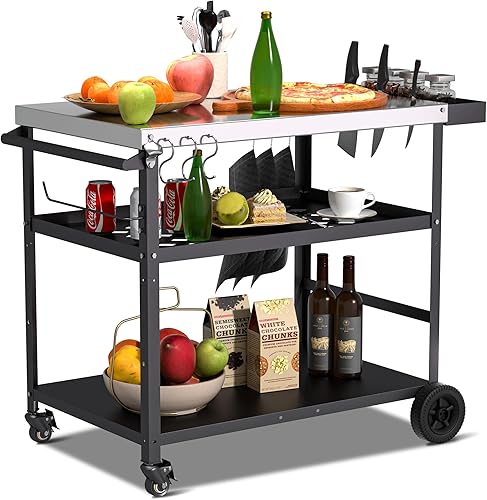 Miniatura 10 de Spurgehom Carrito de parrilla, mesa de soporte para horno de pizza con ruedas, mesa de preparación de cocina movible al aire libre, carrito de