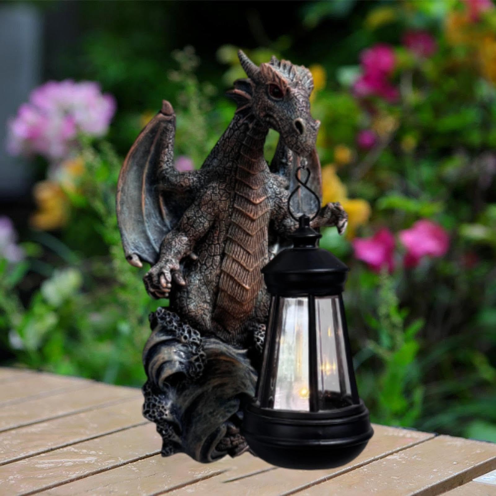 perfk Estatua de dragón de jardín con luz Solar, Adorno Decorativo para jardín, Regalo, Figura de dragón montada en la Pared, luz para Patio Exterior
