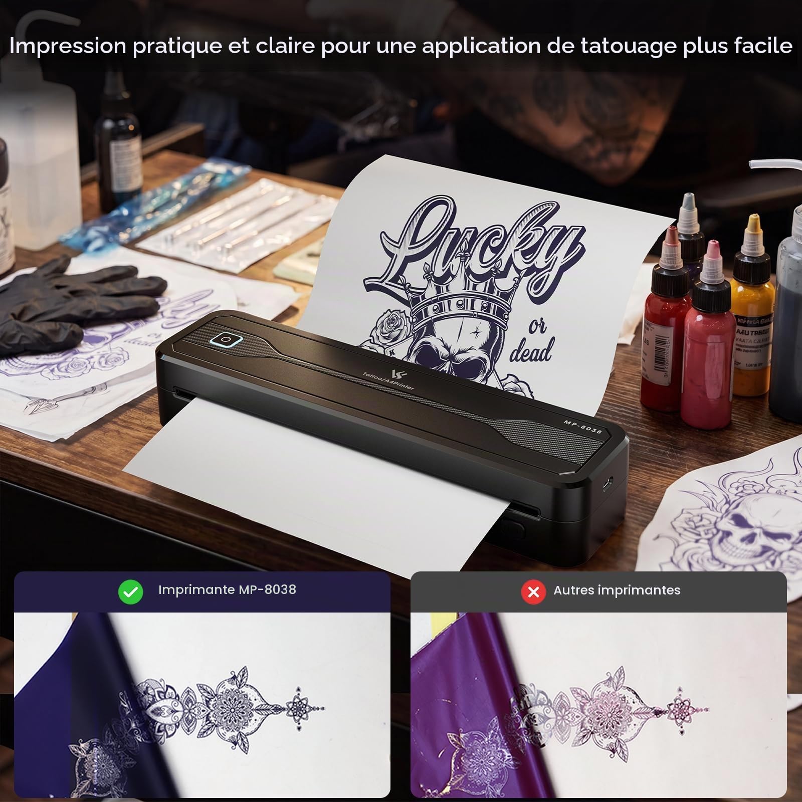 TATELF Kit Complet de TatouageSans Fil – Imprimante Thermique A4 Bluetooth & Stylo Rotatif (Batterie 2300mAh, 7 Hauteurs) – Inclut 20 Aiguilles, 10 Encres et Papier Transfert pour Tatoueurs et Esthéti