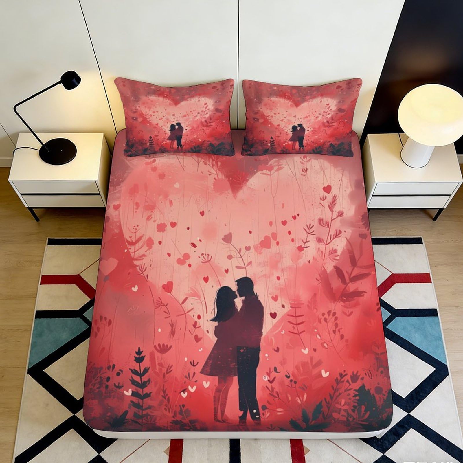 3D Printed Romantic Lovers Heart Fitted Sheet Microfiber Soft Red Bedroom Decor Mattress Cover for Home Guest Room 90x200x25cm