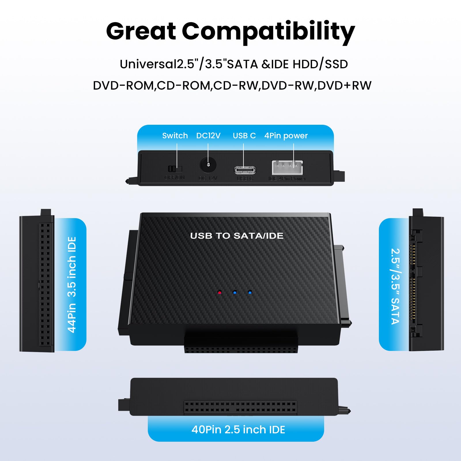 USB 3.0 to IDE and SATA Converter External Hard Drive Adapter Kit for Universal 2.5/3.5 HDD/SSD Hard Drive Disk, USB to SATA Reader IDE, Included 12V/2A Power Adapter