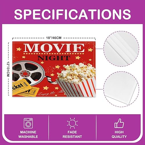 Miniatura 4 de Juego de 4 manteles individuales con temática de cine en casa, póster de cine en casa, tapete para mesa de noche, para palomitas de maíz, mantel