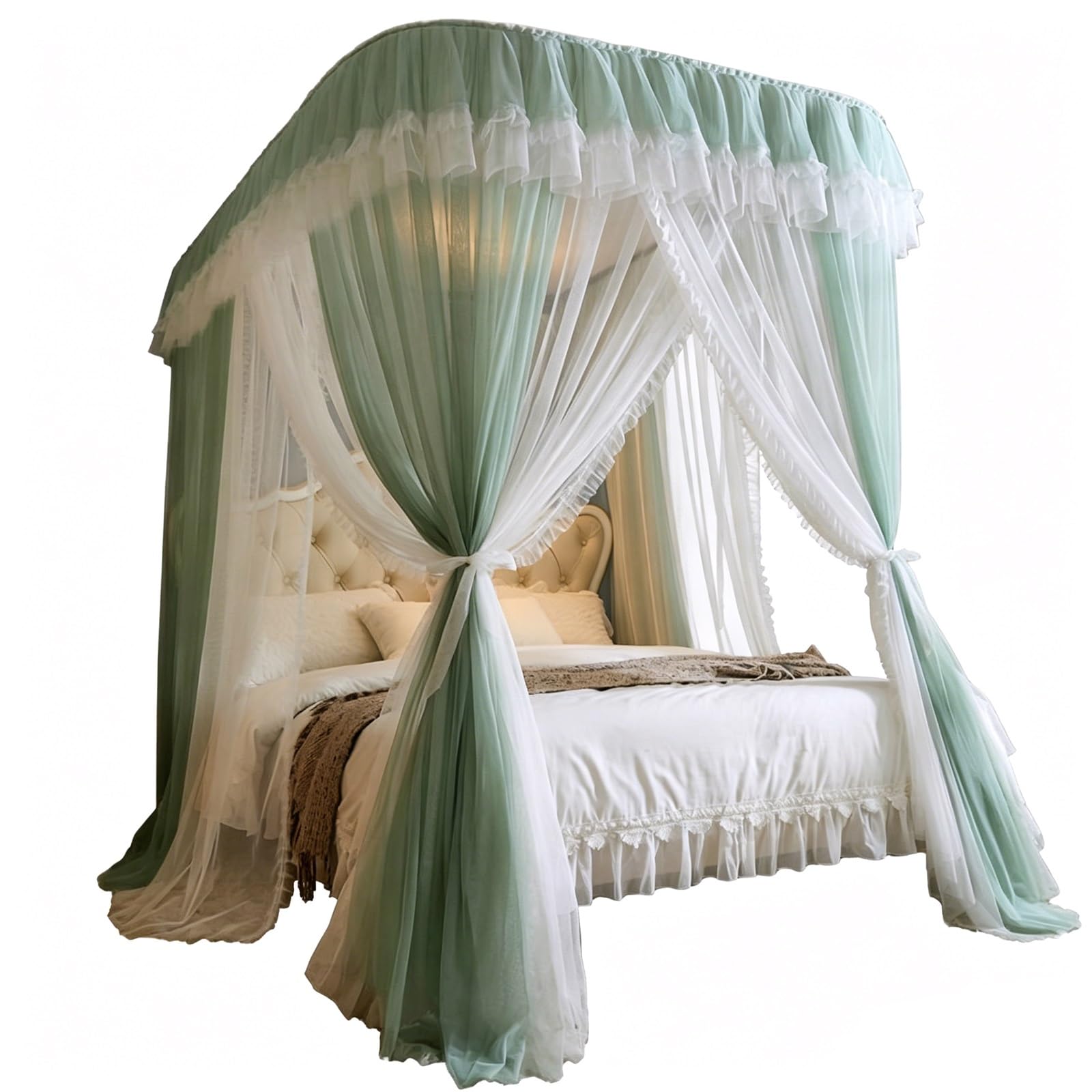 SARKEY U-Shaped Rail Bed Canopy Curtain,Lace Up Ruffle Princess,Three-Opening(A,180x220x210cm(71"x87"x83"))