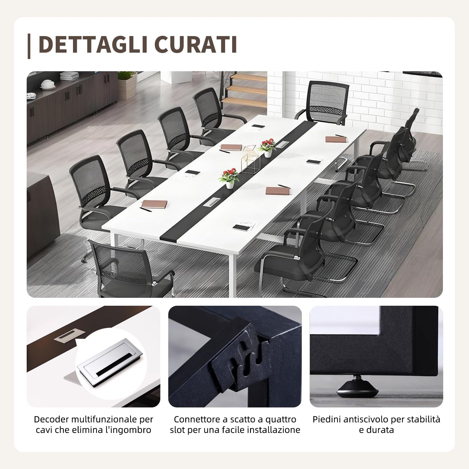 Tavolo Riunioni Ufficio Moderno, Tavolo da Conferenza Rettangolare con Canalina per Cavi e Struttura in Metallo Nero, Ideale per 8-12 Persone, Sala Conferenze e Seminari