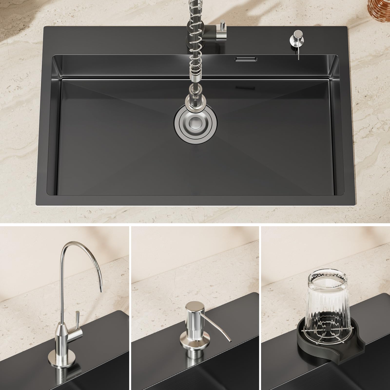 CECIPA 75x45 cm Évier Cuisine noir 1 Bac en Acier Inoxydable, Avec égouttoir pliable, dispositif anti-débordement et un kit de vidange, Convient 80 centimètres plus Évier intégré