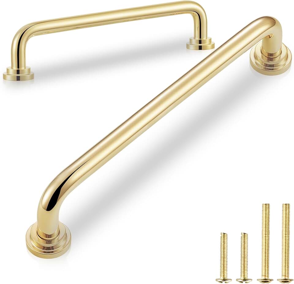 QOGRISUN 5-Pack Unlacquered Brass Cabinet Pulls, Gold Curve Drawer Dresser Handles, 5-Inch Hole Center, Kitchen Cupboard Hardware, Polished Brass Finish