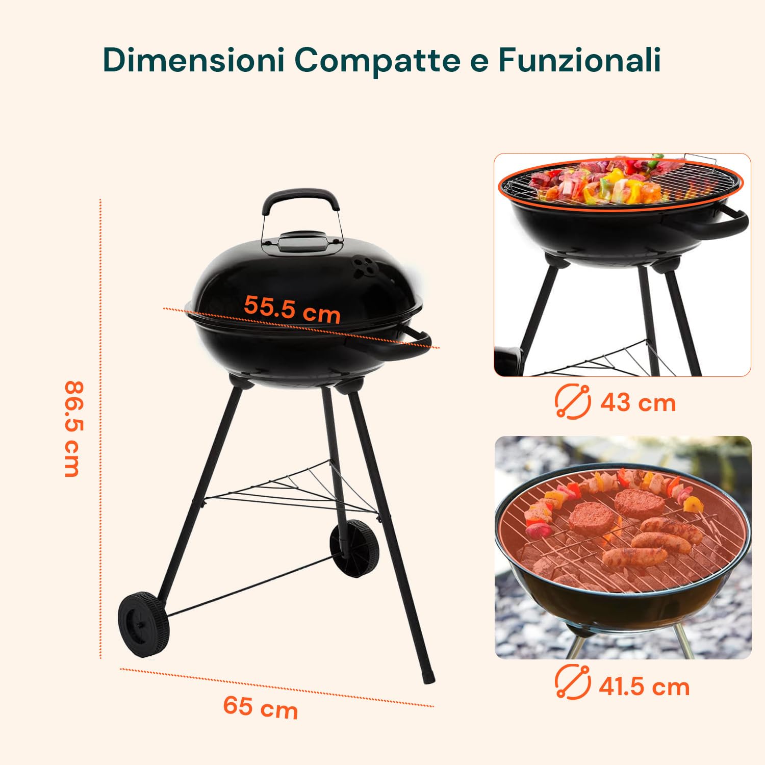 Avilia Barbecue a Carbonella in Acciaio 65x55.5x86.5 cm, BBQ con Coperchio Ermetico, Ruote e Maniglie Ignifughe, Griglia Circolare 43 cm e Vassoio Raccogli Cenere – Ideale per Grigliate all’Aperto