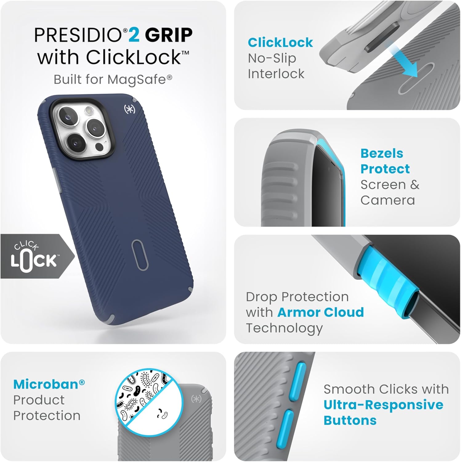 Speck iPhone 15 Pro Max Case - ClickLock No-Slip Interlock, Built for MagSafe, Drop Protection Grip - Scratch Resistant, Soft Touch, 6.7 Inch Phone Case - Presidio2 Grip Coastal Blue/Dust Grey/White