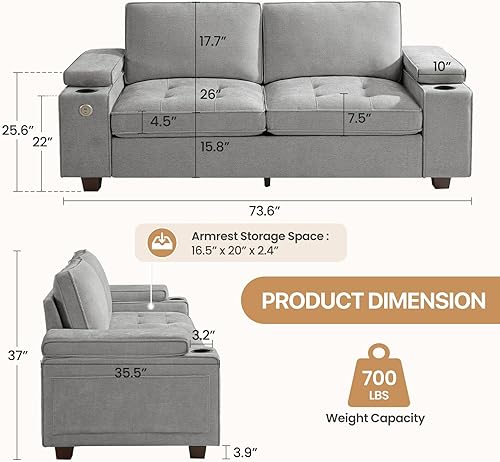 Miniatura 2 de Sofá biplaza de 74 pulgadas para sala de estar, moderno sofá tapizado de felpilla con reposabrazos de almacenamiento ajustables, portavasos, puertos