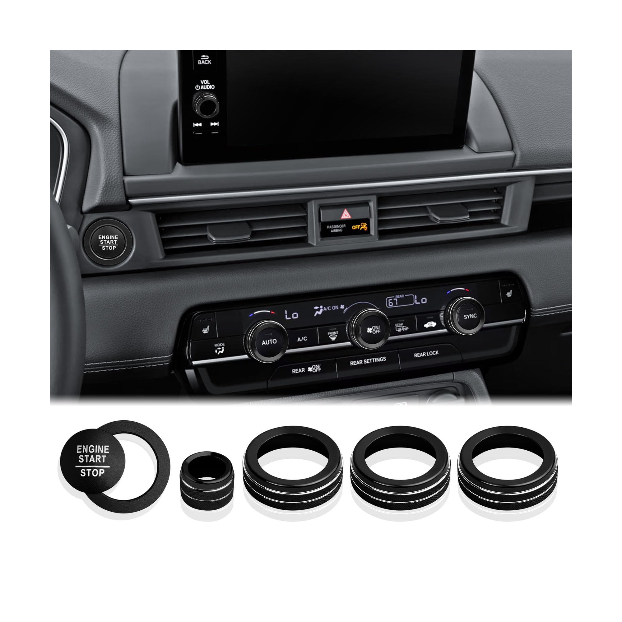 for Honda Pilot Accessories 2023-2025, 6pcs Aluminum Alloy Trim Knob Covers Kit - Push Start, Air Conditioning &amp; Volume Tune (Black)