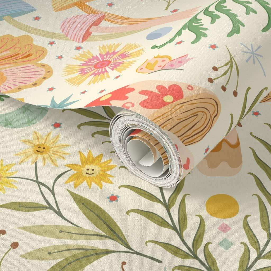 Peel & Stick Wallpaper 6ft x 2ft - Woodland Damask Bright Pastels Pale Yellow Spring Floral Botanical Butterfly Colorful Cheerful Custom Removable Wallpaper by Spoonflower