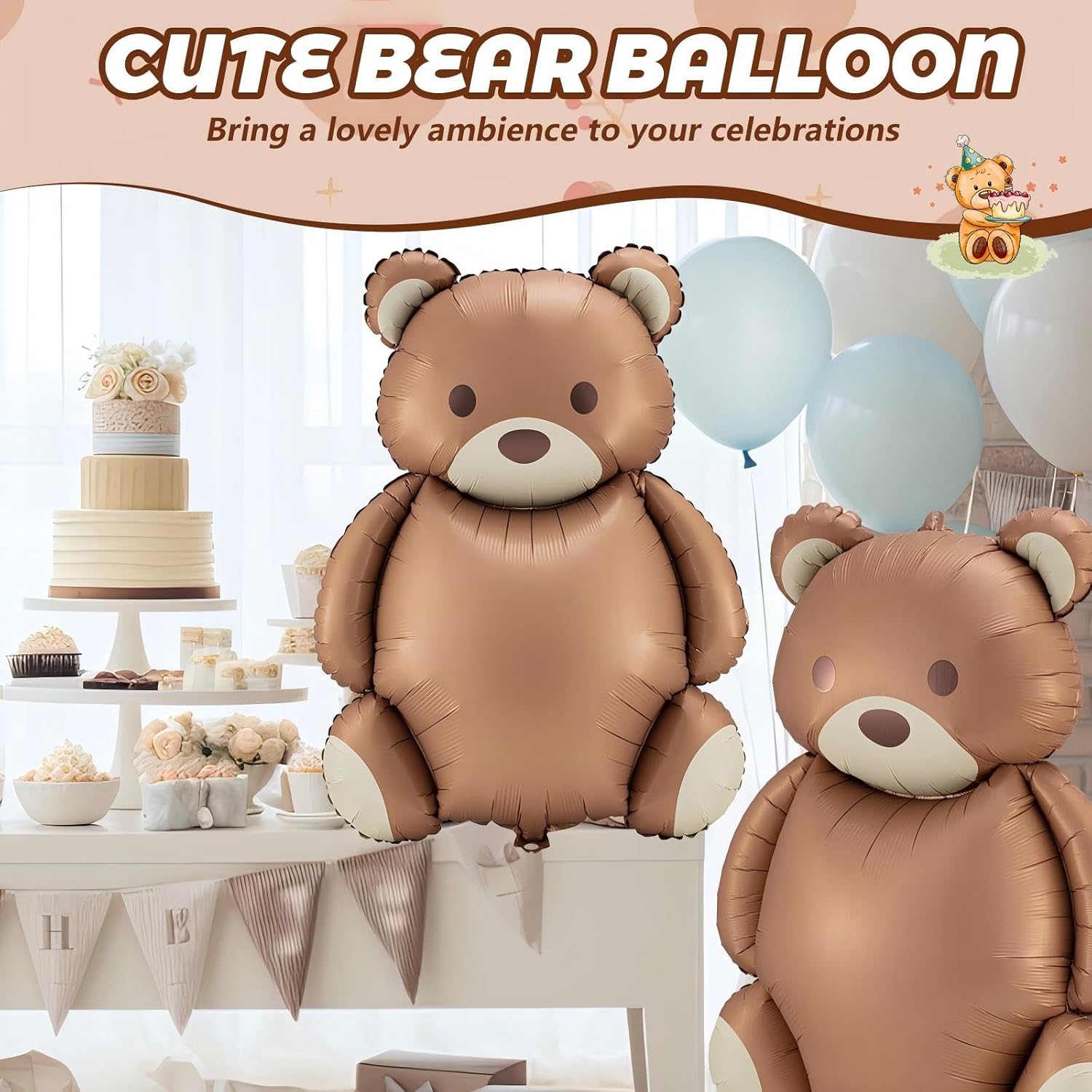 Simgoing 12 Pcs 21x35'' Big Brown Bear Balloons Matte Cartoon Bear Foil Birthday Balloons for Home Decor Jungle Animal Farm Safari Zoo Woodland Themed Party Baby Shower Decoration Supplies (Classic)