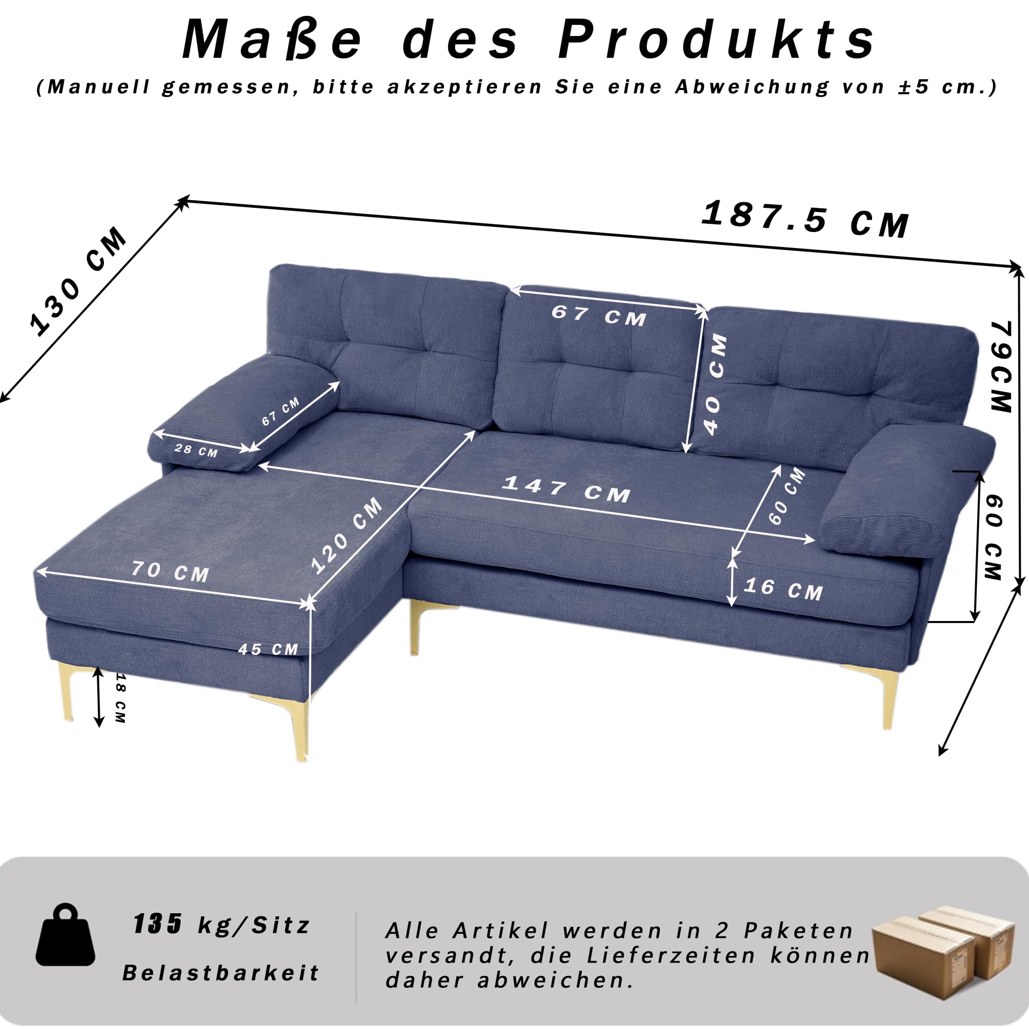 Divano angolare modulare a forma di L, 187 cm, con funzione letto, in morbida ciniglia e piedini in metallo, comodo divano con seduta profonda, per soggiorno e camera da letto, blu