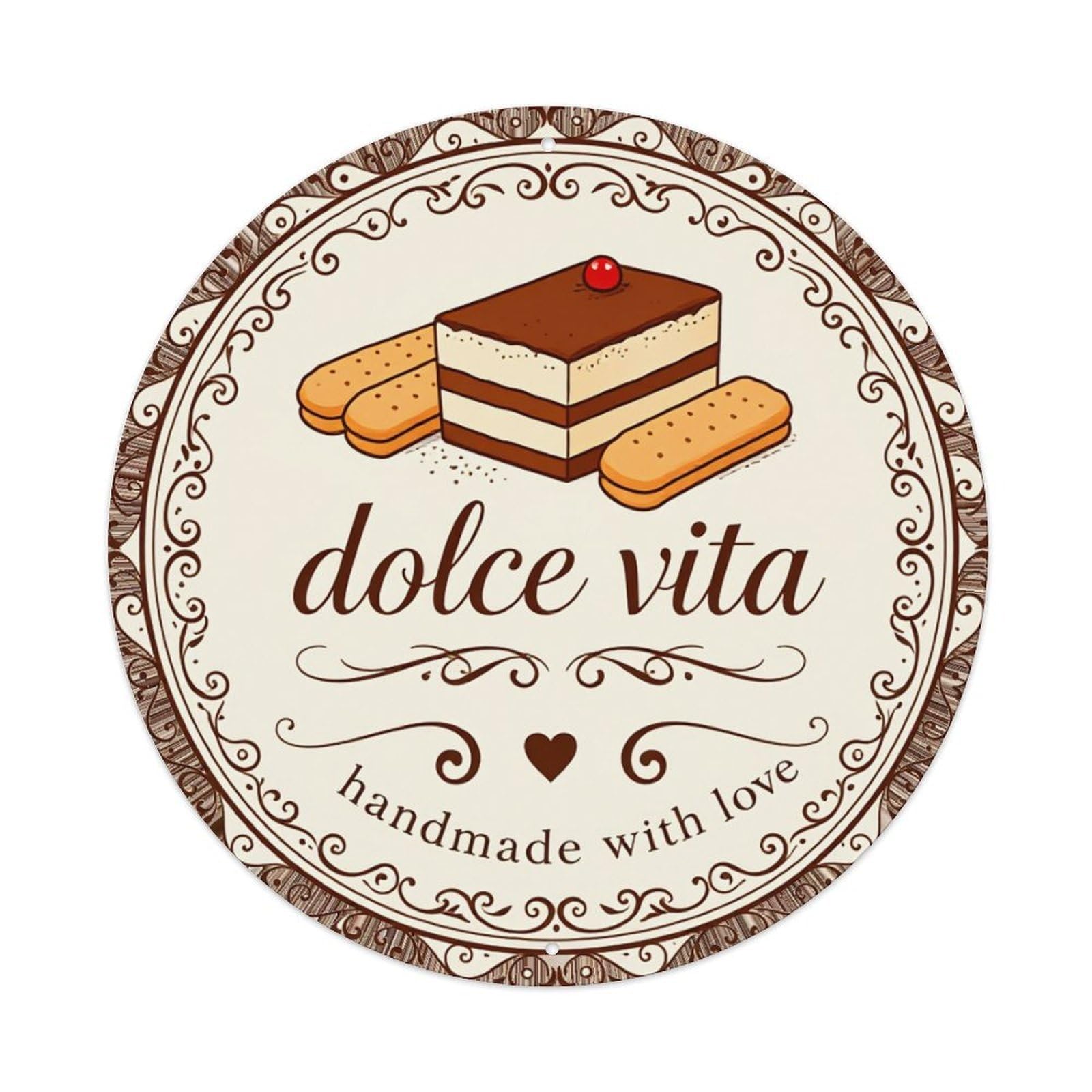Dolce Vita Cake Pattern Print Round Tin Sign Retro Metal Sign for Cafe Bar Pub Home Game Room Gym Club Wall Decoration Vintage Metal Poster 8x8 Inch