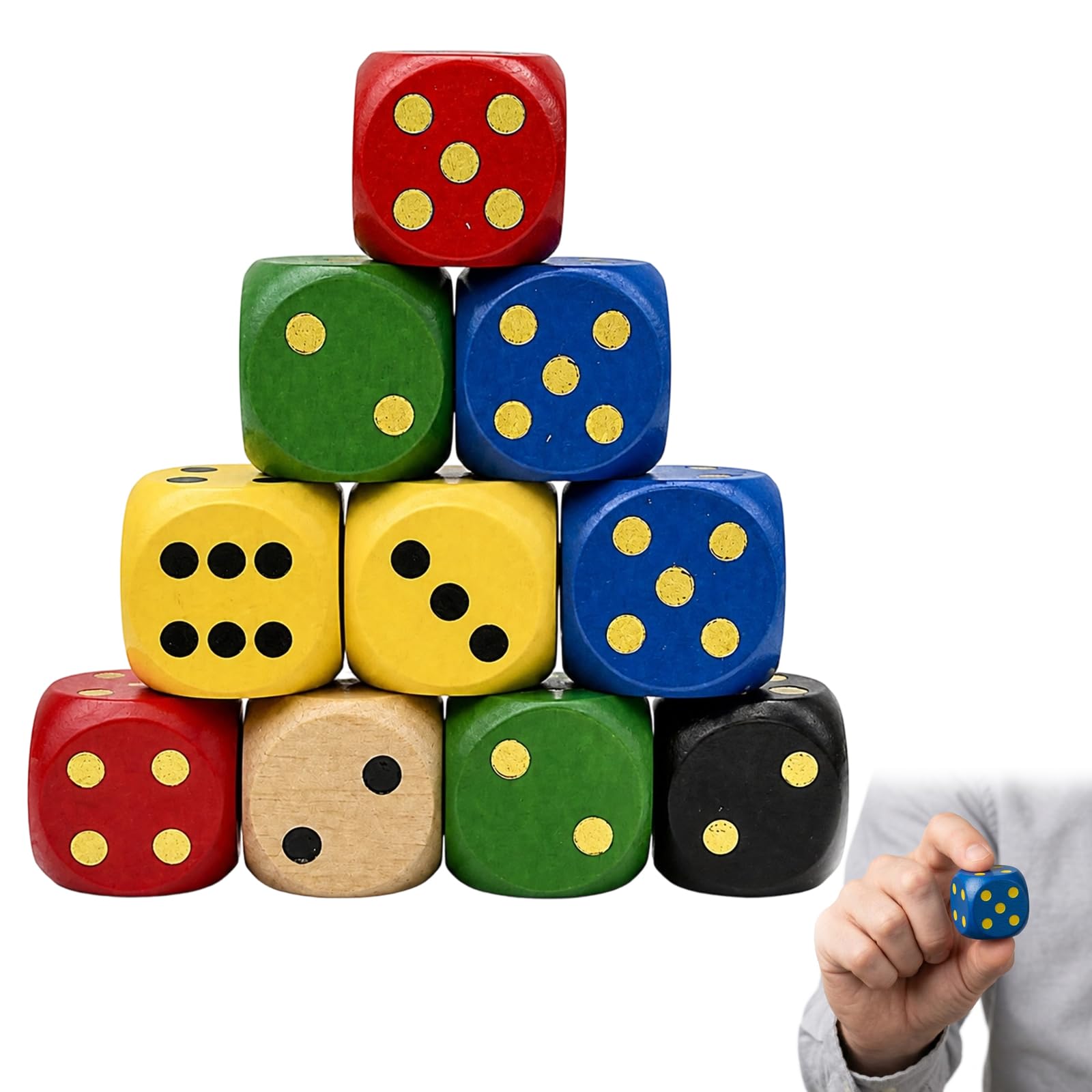 10 Pcs Large Dice Set, Wooden Dice in Assorted Colours, 6 Sided Wooden Dice for Board Games, Classroom Activities, Teaching Tools, Party Games and Family Game Night
