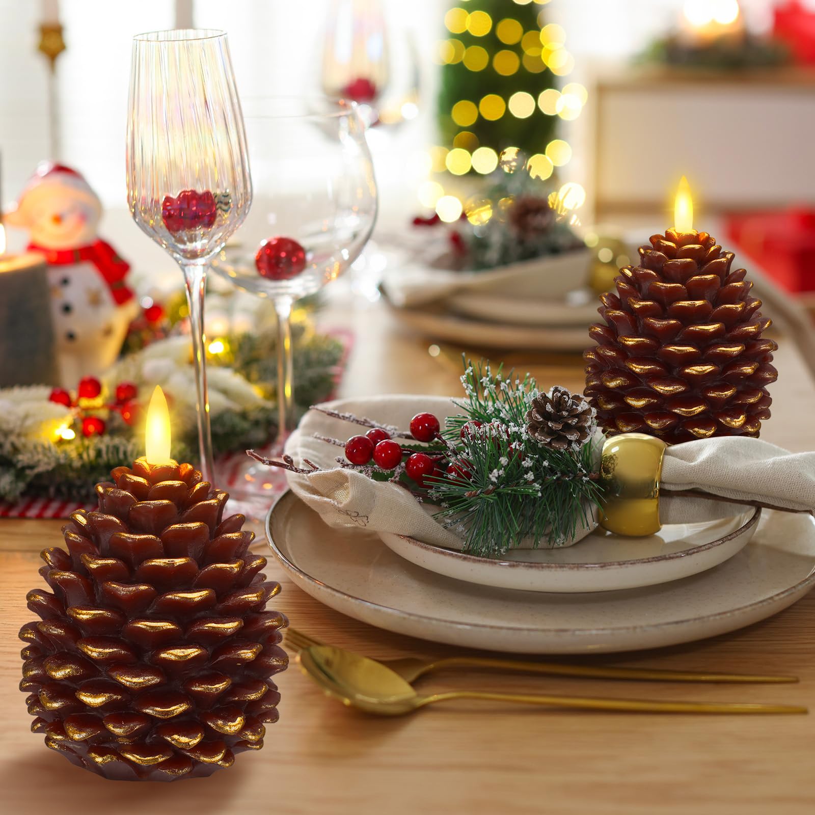Honoson 6 candele LED senza fiamma a forma di pigna, con timer, funzionamento a batteria, stoppino tremolante, candele natalizie a forma di pigna, per decorazione di interni e festività, marroni