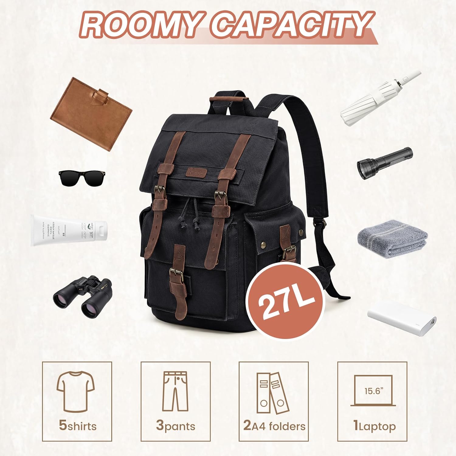 Kattee Men’s Leather Canvas Backpack Large School Bag Travel Rucksack Black Large Black image 4 of 7 B00M7NADUU