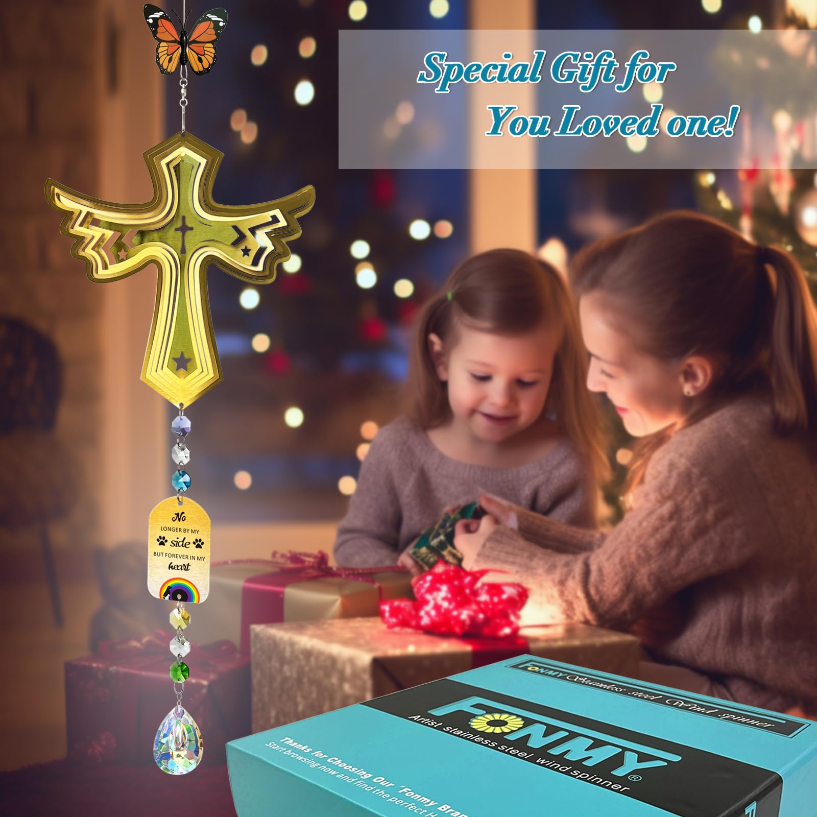 FONMY Cross Pet Sympathy Gift Dog Memorial Wind Spinner Dog Memorial Suncatcher Gifts for Dog Lovers Stainless Steel Wind Chime -Golden,24in