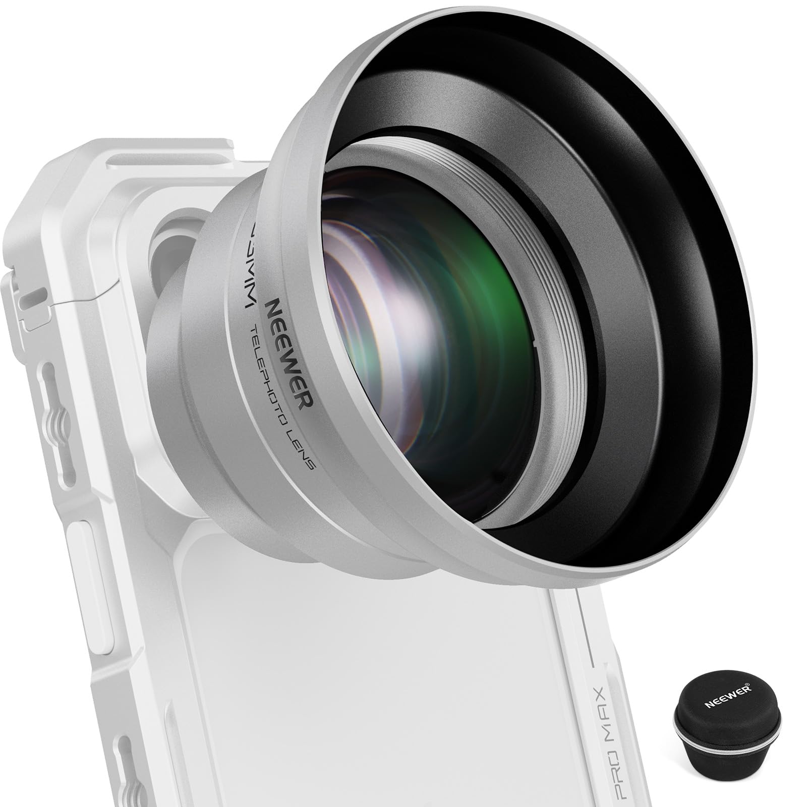 NEEWER 65mm HD Telephoto Lens Mobile Camera with Sun Visor (Silver), 1.7X Zoom Lens Accessories for 17mm Thread Back Plate, Mobile Cage & Case Compatible with iPhone and Android, LS-66