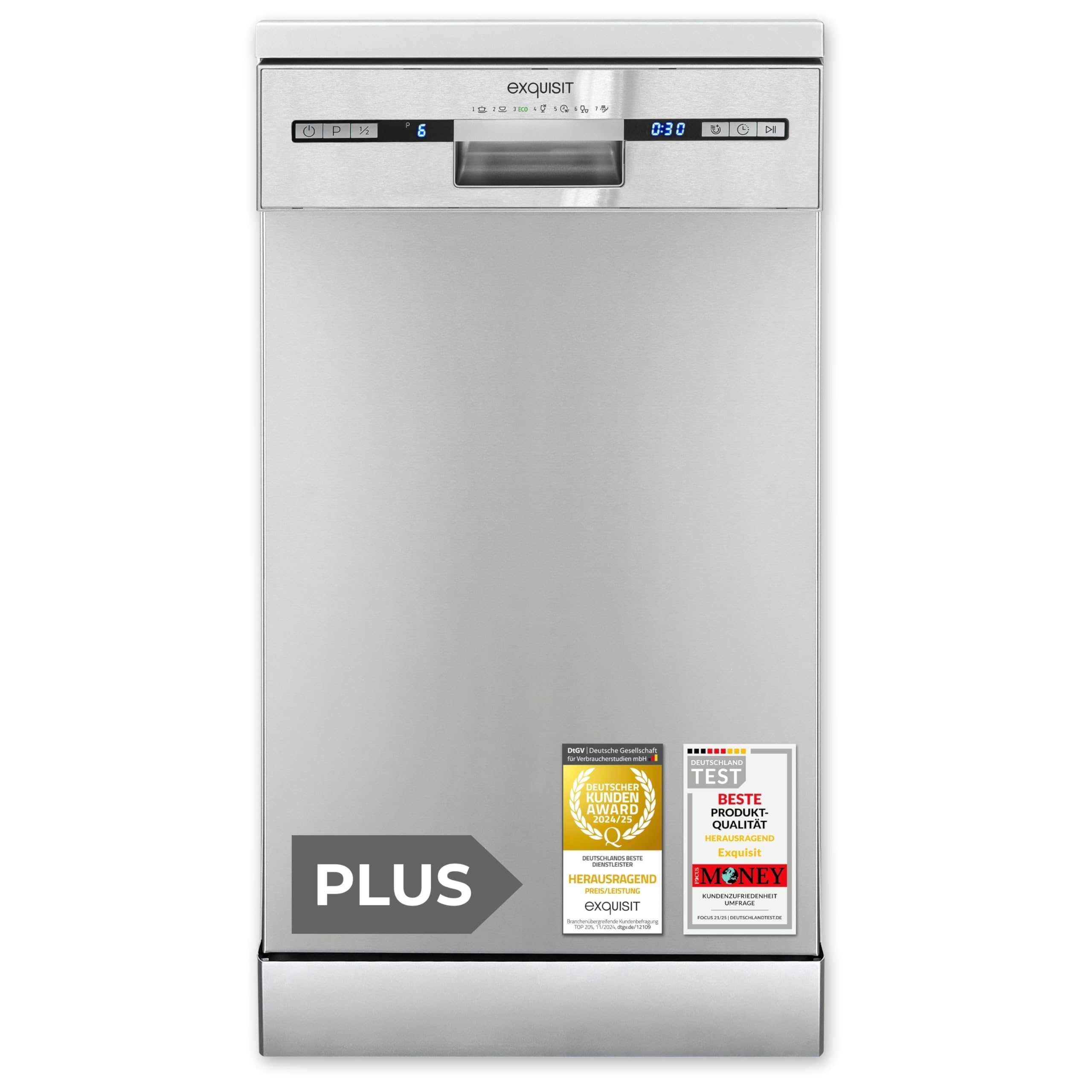 Exquisit Lavastoviglie Libera Installazione GSP9309-030E - 9 Coperti, Classe E, 7 Programmi, Argento, Display LED, Avvio Ritardato, Asciugatura Extra