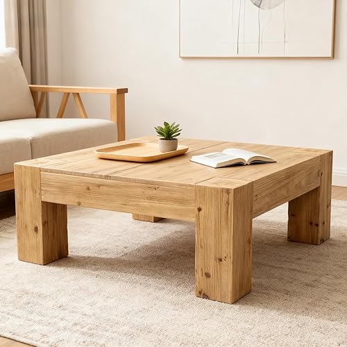 Miniatura 10 de Mesa de centro de madera, 39.37 pulgadas, cuadrada de mediados de siglo, mesa central de madera moderna de madera de fibropanel de densidad media,