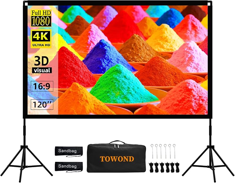 TOWOND 100 Inch Outdoor Projector Screen with Stand, Reinforced Edge | Compact reinforced-edge screen fits smaller rooms and patios; 19mm tripod and carry bag travel easily.