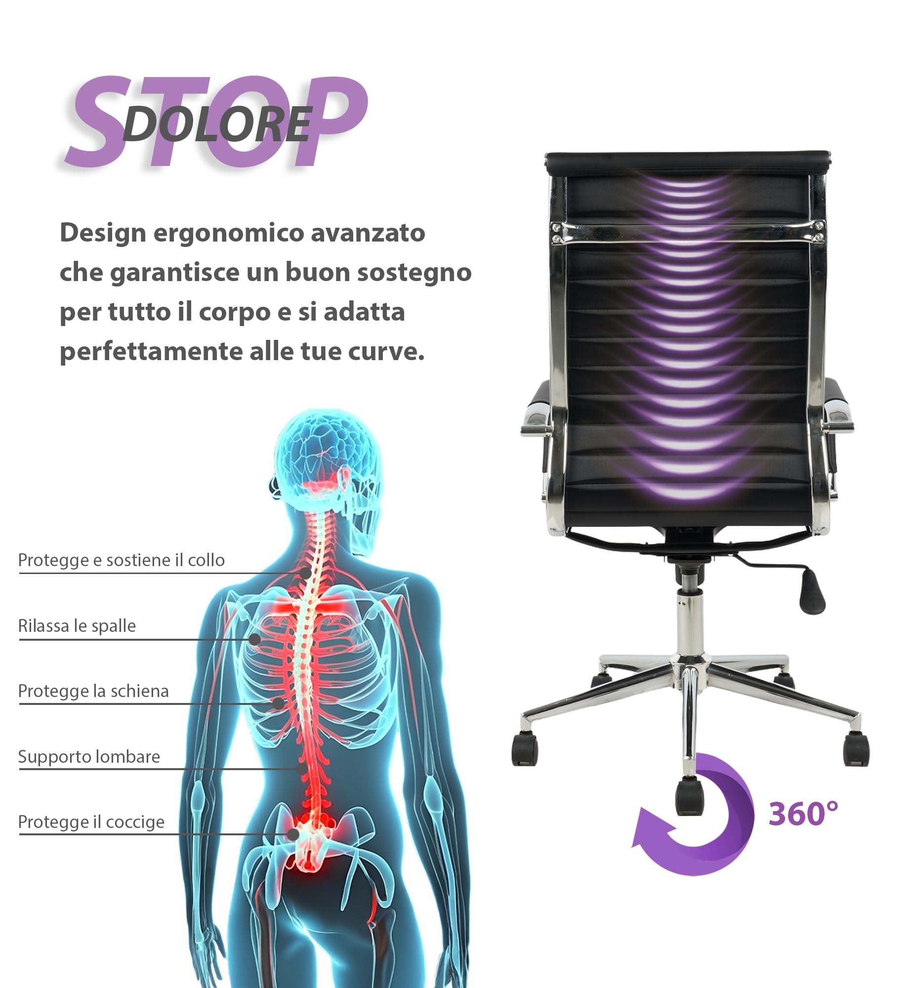 IlGruppone Sedia da Ufficio Elegante Poltrona Direzionale Base Cromata Ruote SilenzioneErgonomica Design Moderno Colore Nero Rivestimento Ecopelle