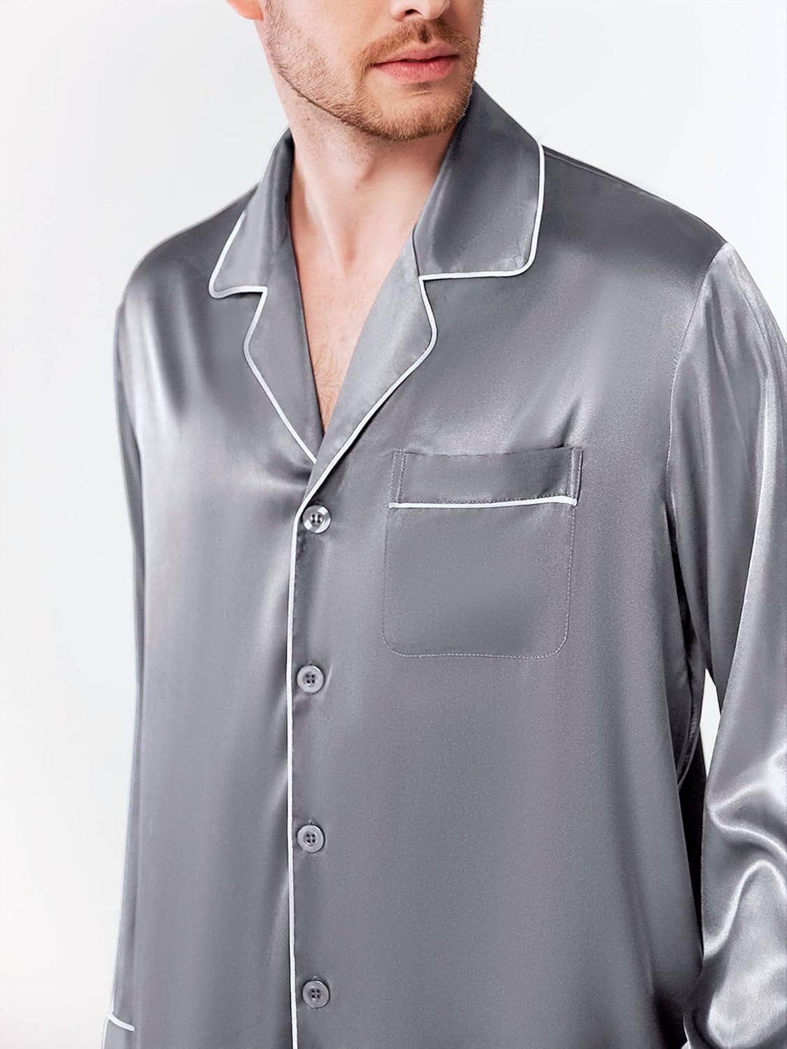 SIORO Mens Silk Satin Pajama Set Long Sleeve Sleepwear Button Down PJ Set with Pocket Loungewear M-XXL - Image 5