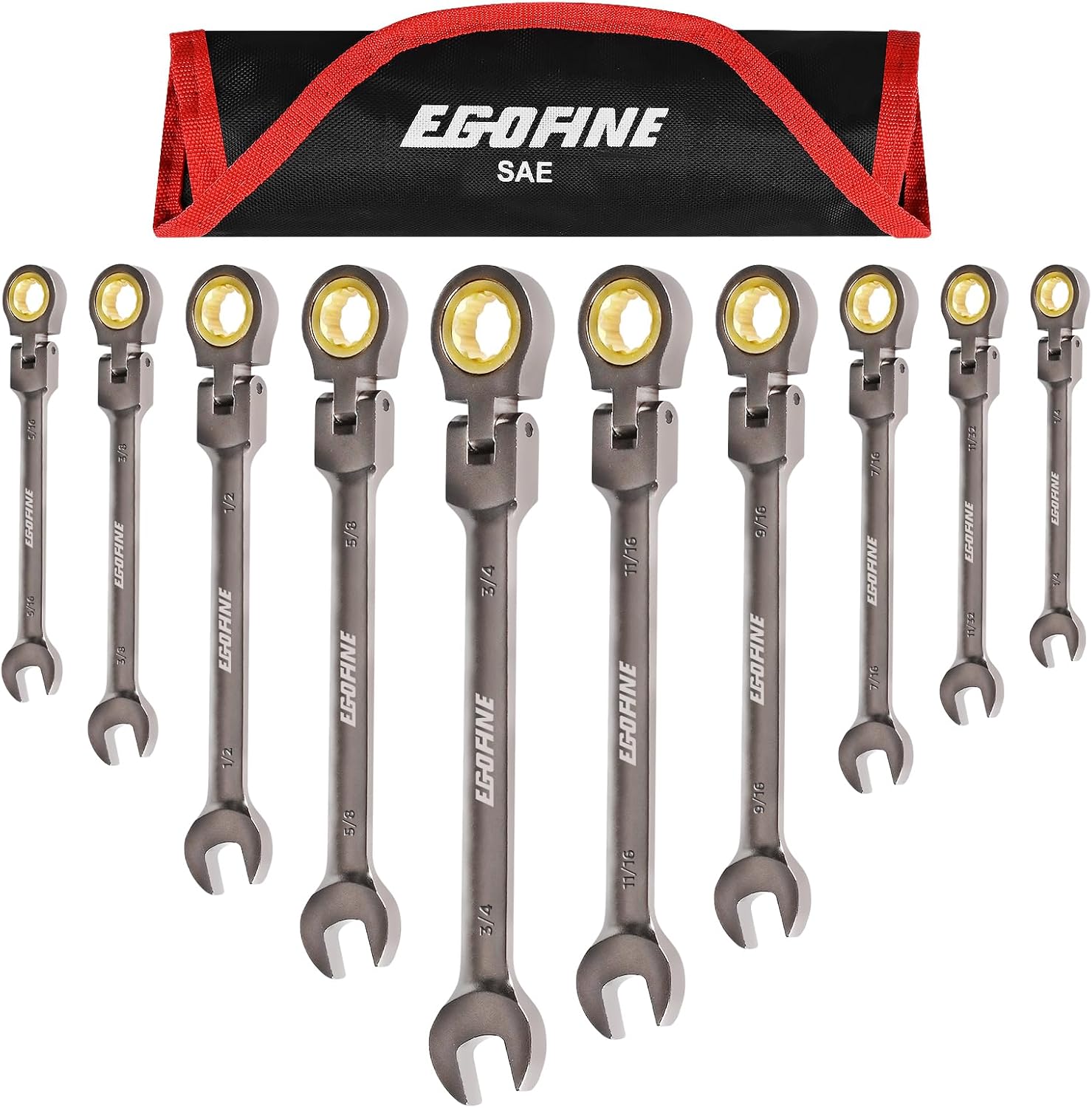 Egofine Flex Head Ratcheting Wrench Set 10 Piece, SAE Wrench Set, CR-V Steel 1/4” to 3/4” Wrench, 72-Teeth Combination wrench set, Nickel Plating Ratchet Wrenches Set with Tool Roll Bag