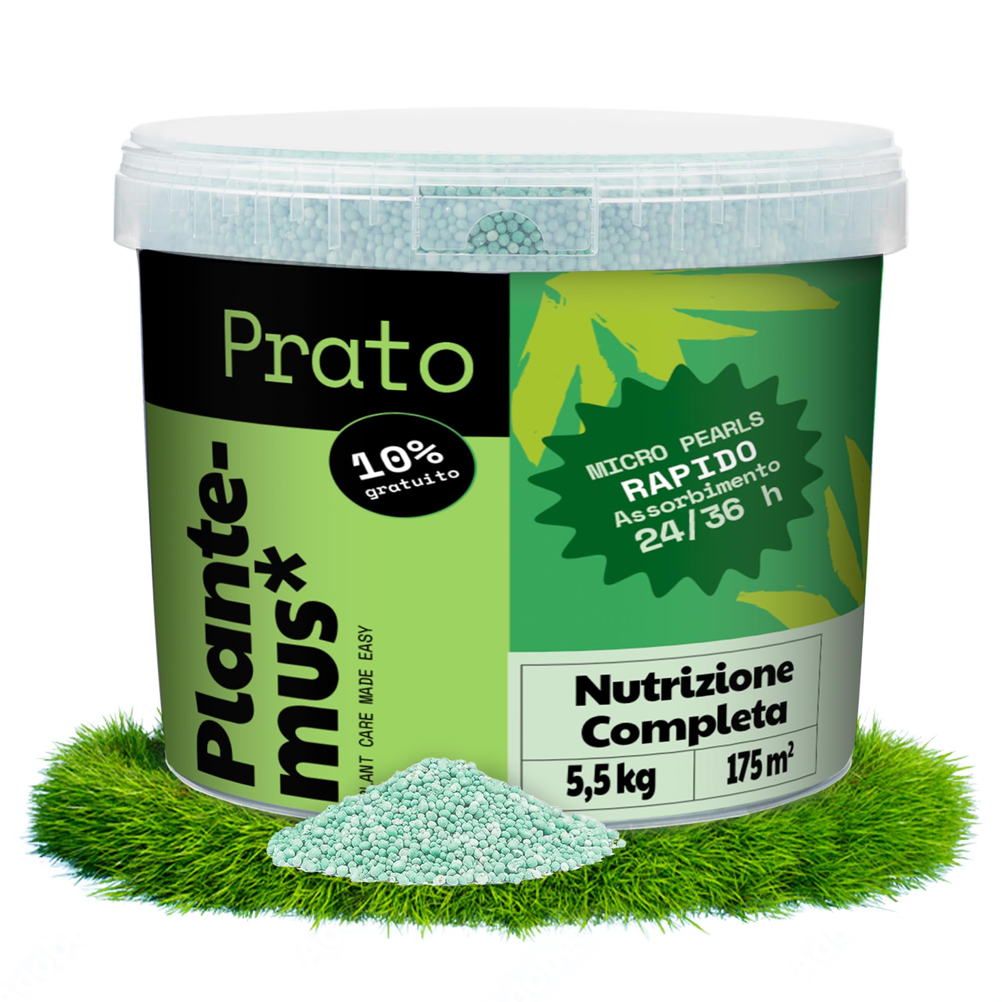 PLANTEMUS Concime per Prato Premium a Effetto Prolungato per 175 m² | Concime NPK (12-11-18) granulare in Perle Ultrasolubili | Nutrizione Completa per un Prato Forte, Verde e Denso 5.5 kg