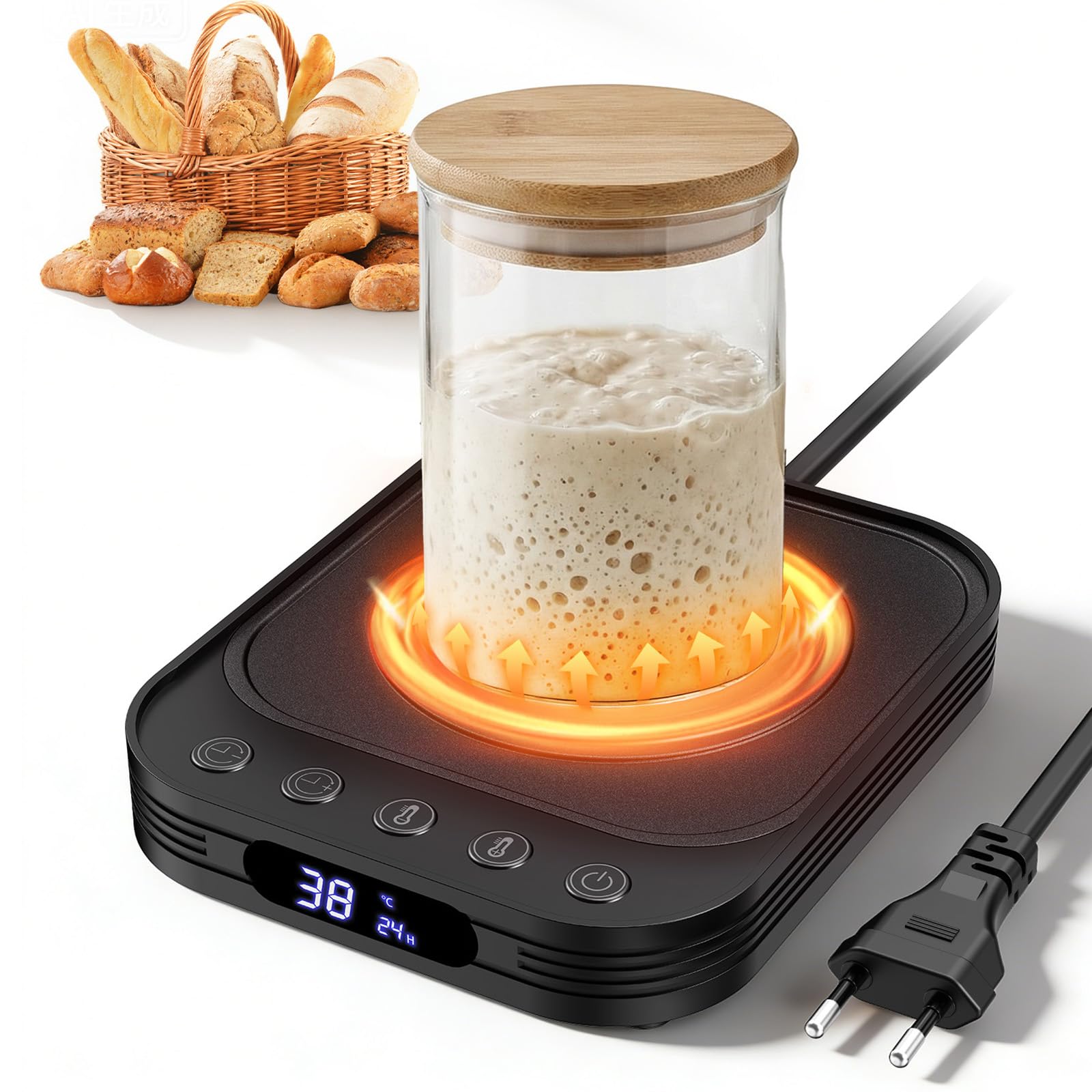MQUPIN Sauerteig Starter Wärmer, 21-38°C Präzise 1°C Thermostat Sauerteigwärmer, Warmhalteplatte für Sauerteigstarter mit 24H Timer Speicherfunktion, für Sauerteiggärung Brotbacken (Schwarz)