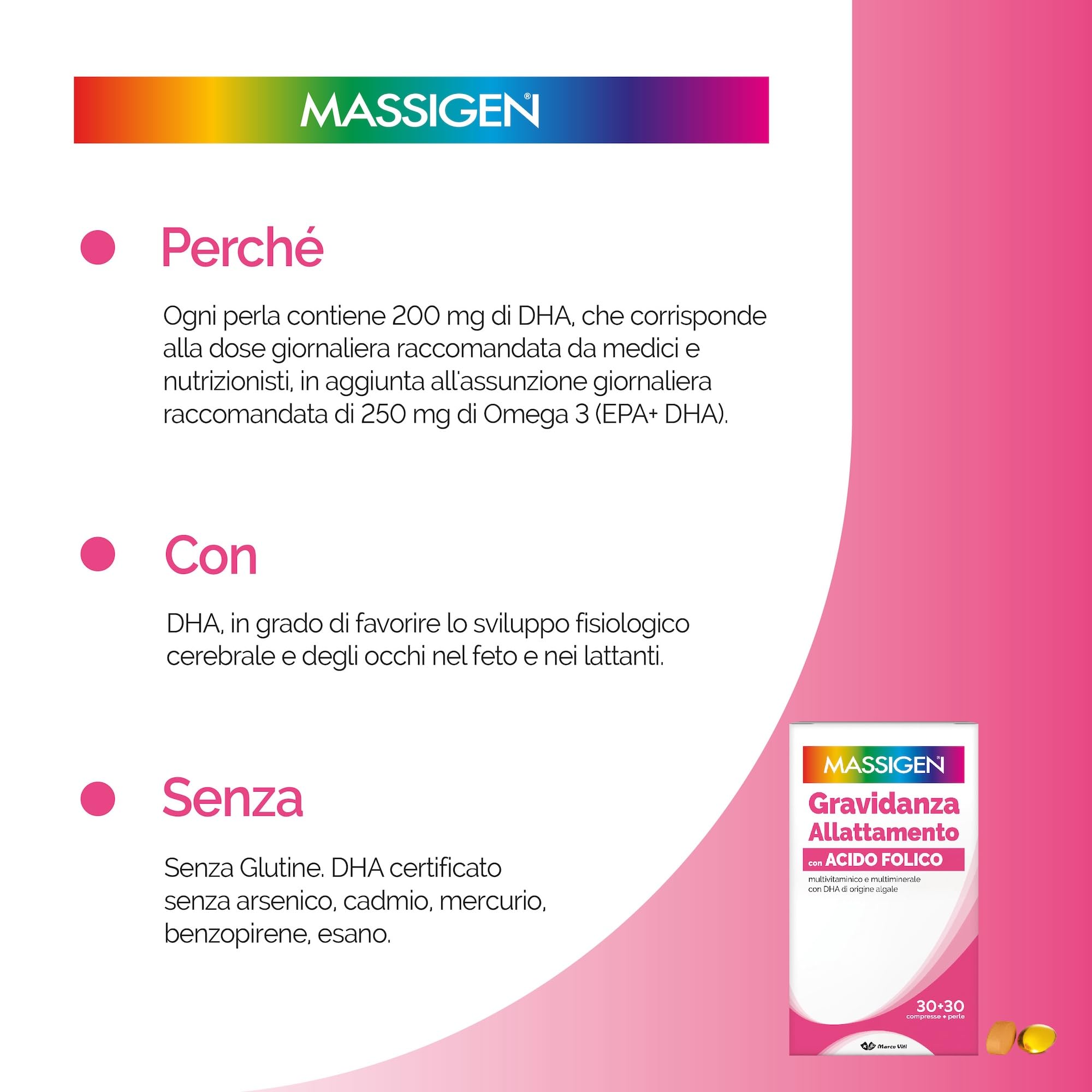 Massigen DailyVit+ - Multivitaminico, Gravidanza e Allattamento, Senza Glutine, In grado di Favorire lo Sviluppo fisiologico Cerebrale e degli Occhi del Feto, 30 Compresse da 11 g + 30 Perle da 700 mg