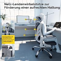 HOLLUDLE Ergonomická kancelárska stolička so sklápateľným operadlom, 2D opierkou hlavy, vyklápacími lakťovými opierkami a sieťovanou bedrovou opierkou, otočná stolička, biela 5