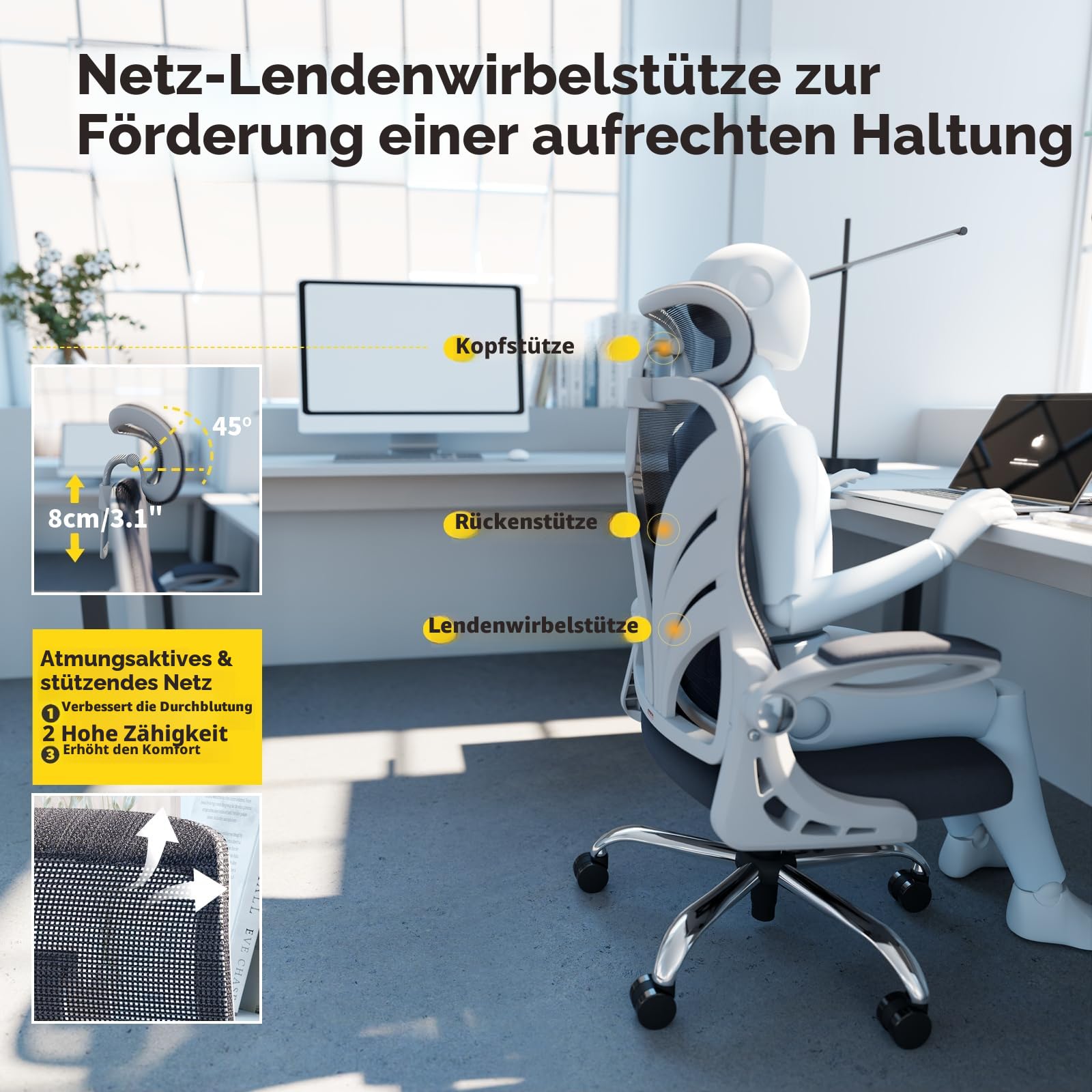 HOLLUDLE Ergonomischer Bürostuhl mit Klappbarer Rückenlehne, Schreibtischstuhl mit 2D Kopfstütze, Hochklappbaren Armlehnen und Mesh Lendenwirbelstütze Drehstuhl Computerstuhl, Weiß