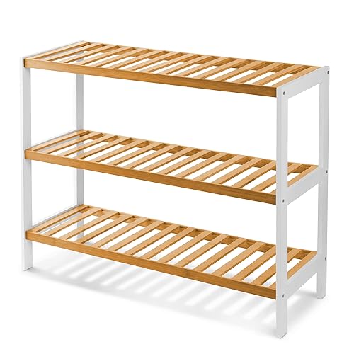 KEPLIN Bamboo Shoe Rack, Easy Build With 3 Shelves, Large Storage Capacity Wooden Shoe/Trainer Stand and Organiser, up to 12 Pairs, Perfect for Hallway, Bedroom - White/Natural - 3 Tier