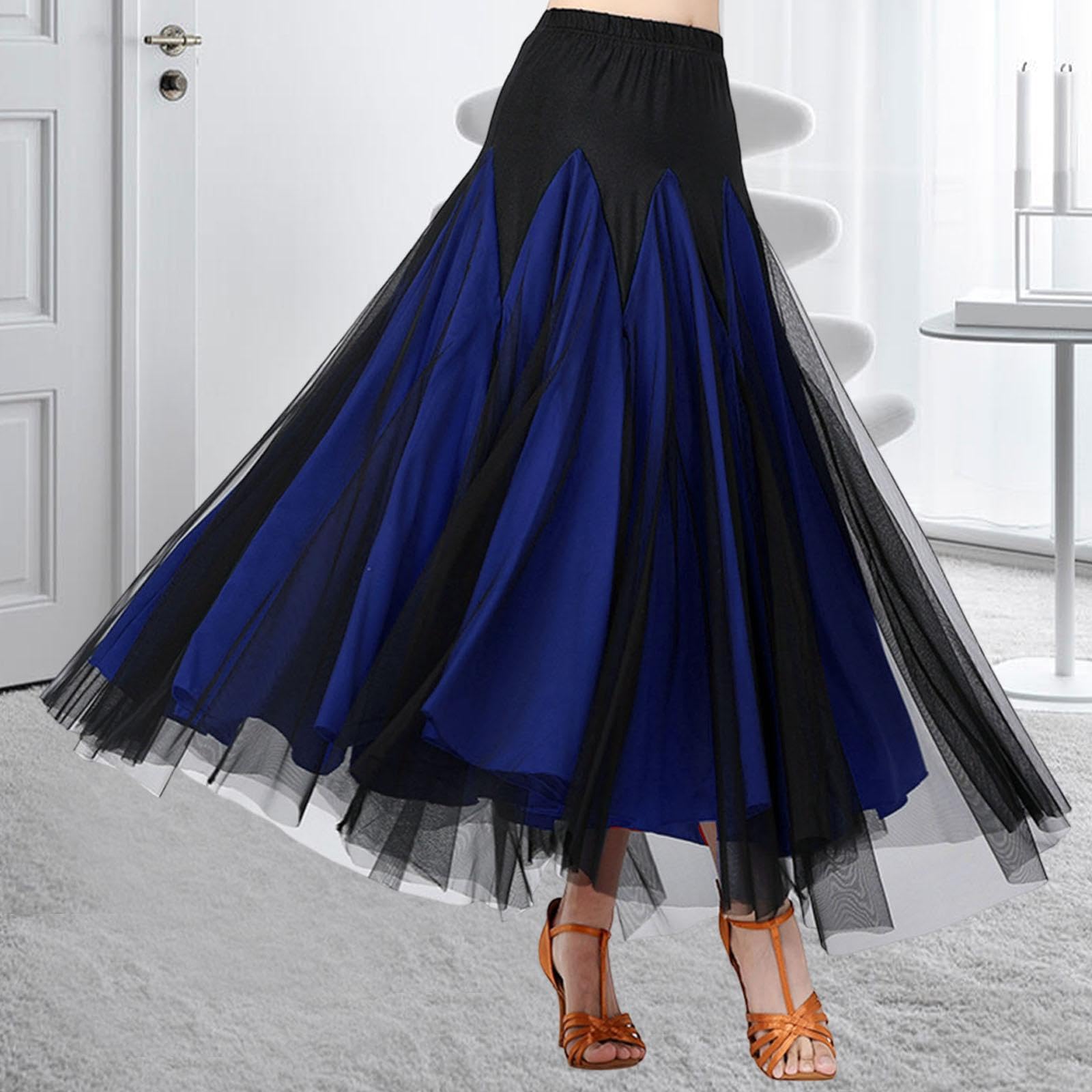 Kleid Tanz für Damen Ballsaalrock Tanzkleid mit Elastischem Bund Und Schwingendem Milchseide Und Mesh für Auftritte Übung Festival C