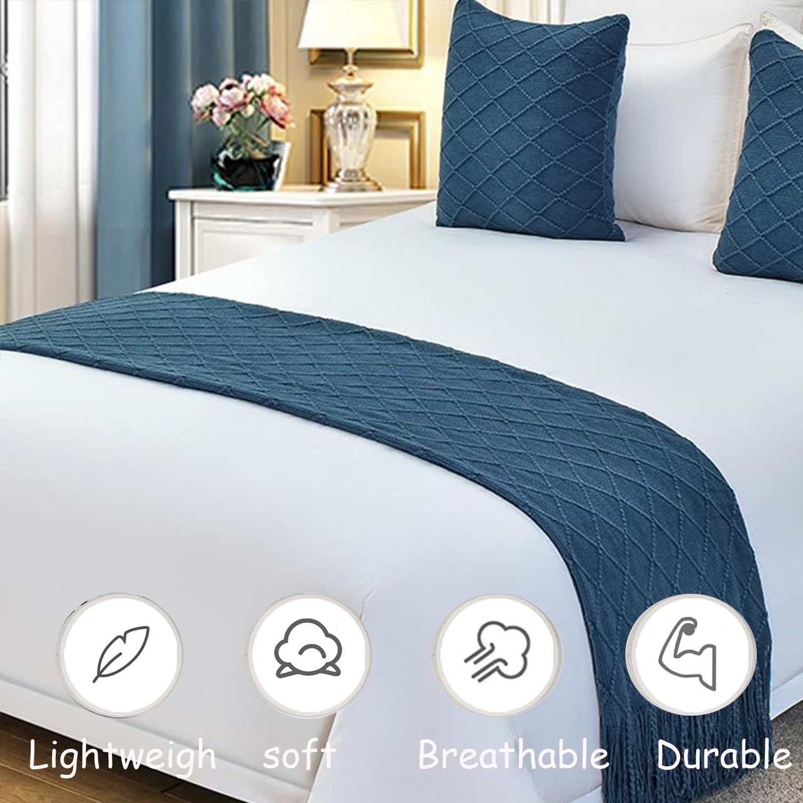 AHTCPO Cotton Knit Bed Runner Knitted Textured Throw Blanket, with Tassel Decorative Bedding Scarf Cover, with Matching Pillowcases, for Hotel Home(Blue,45 * 45cm*2-60 * 180cm)