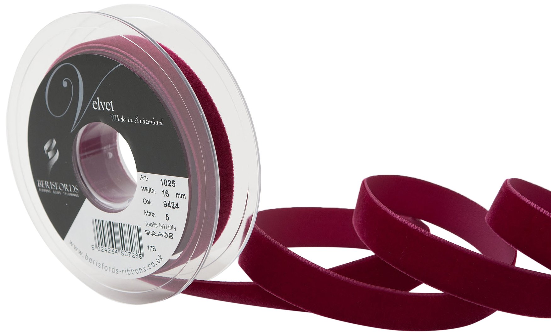Berisfords Velvet Ribbon, Wine, 10.2 x 2.1 x 10.2 cm, burgundy