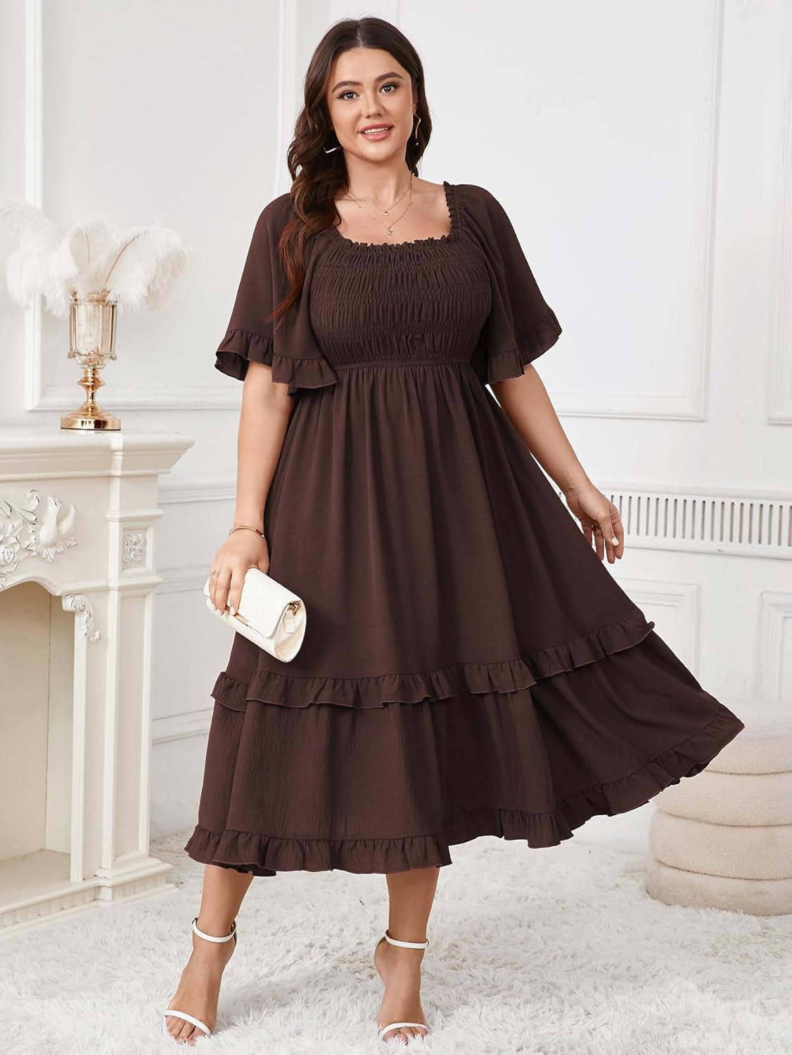 SCOMCHIC Women's Plus Size Maxi Dresses Summer Short Sleeve Square Neck Smocked Wedding Guest Cocktail Boho Long Dress - Image 7