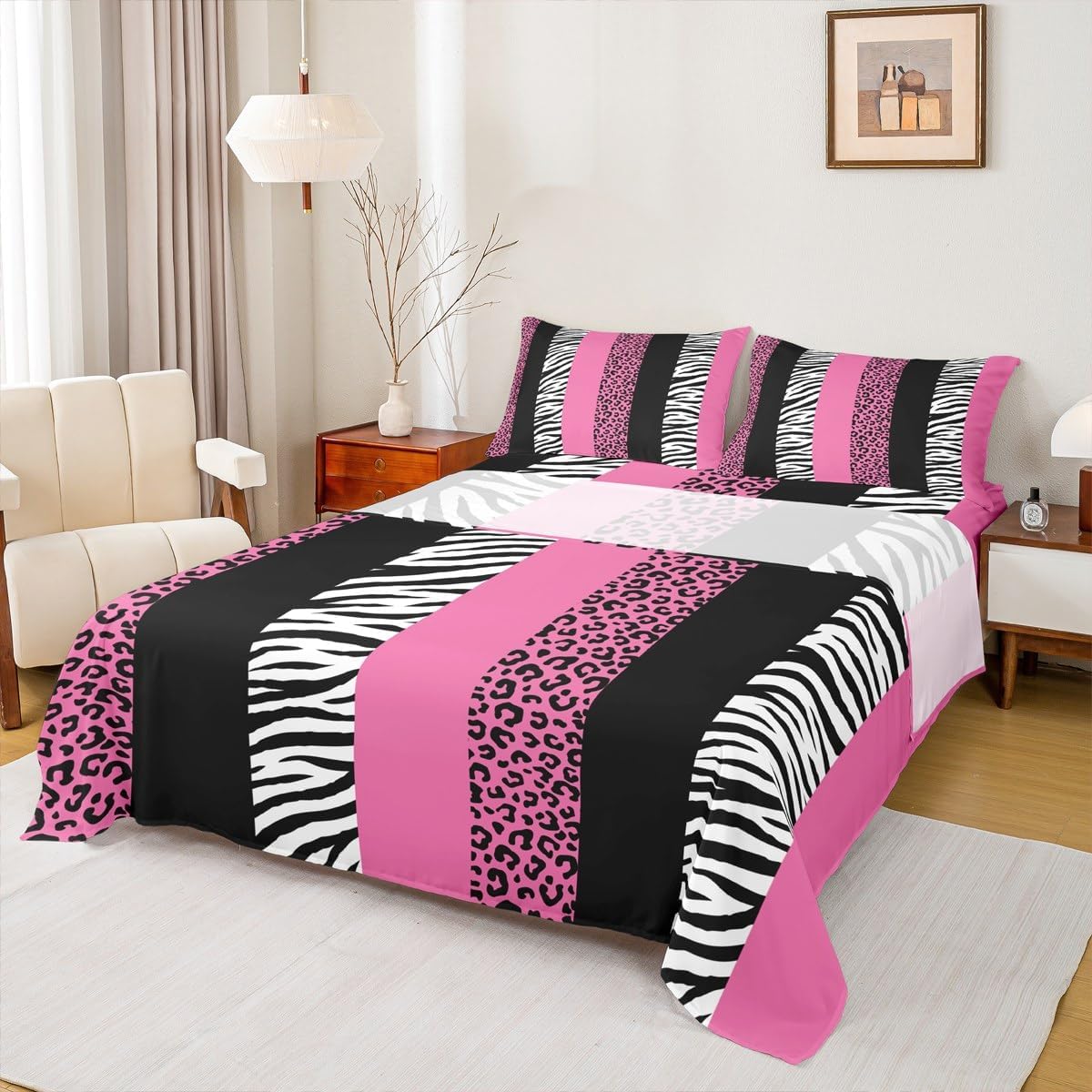 Leopard Print Sheet King Size,Cheetah Zebra Skin Texture Patchwork Bedding Set,Girls Women Room Decor,Stripe Geometric Fashion Rose Pink Romantic Bed Sheet Set 4pcs(Fitted + Flat + 2 Pillowcases)