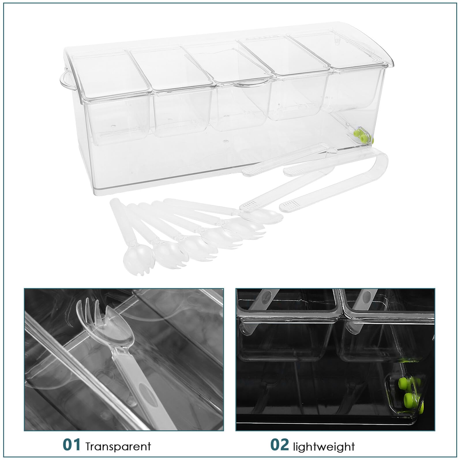 Plateau à Condiments Réfrigéré en Plastique Transparent 5 Compartiments avec Couvercle Plateau à Garnitures pour Bar et Buffet Service de Fruits Légumes et Sauces pour