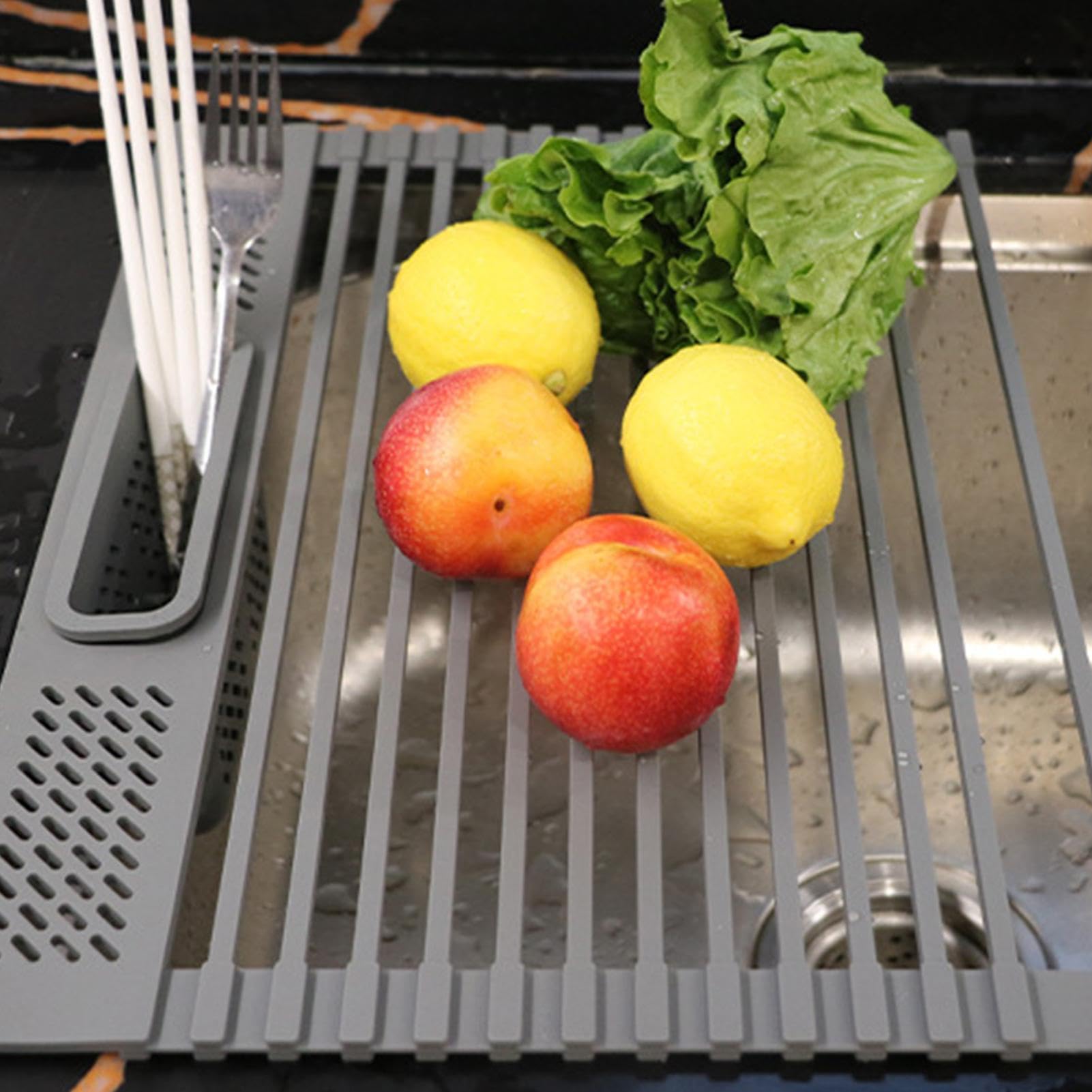 Tappetino scolapiatti pieghevole per lavello – 42 x 30,5 cm in acciaio | rivestito in silicone, pieghevole, griglia sgocciolabile sopra il , portaoggetti compatto sul piano di lavoro della