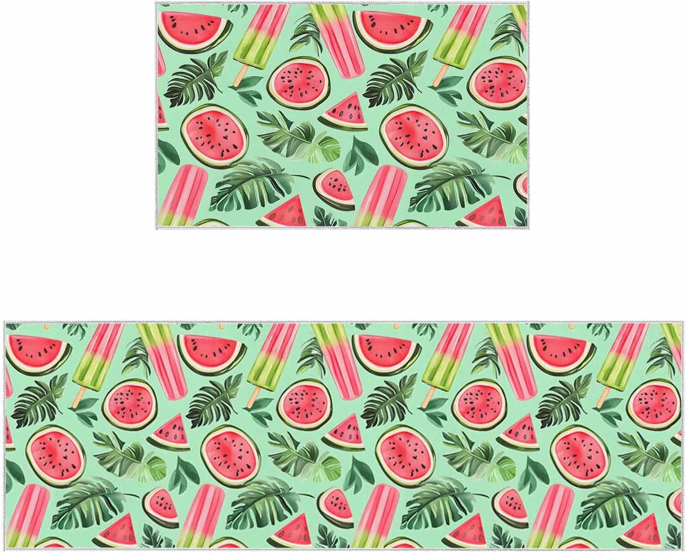 2 Pieces Kitchen Rugs and Mats,Summer Watermelon Popsicle Leaf Area Runner Rug Set Non Slip Floor Doormat Washable Carpet Standing Mat for Kitchen Sink Indoor Corridor,Watercolor Fruit Plant on Green